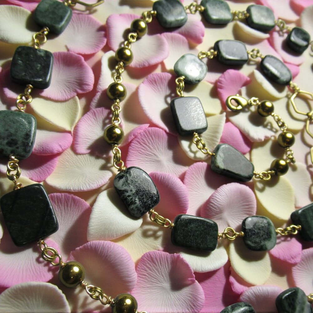 Green Jasper Double Wrap Necklace, Stone and Brass Chain